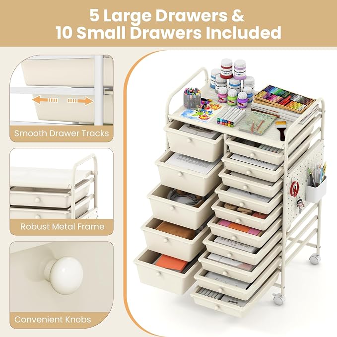 Giantex 15 Drawer Storage Cart, Rolling Craft Cart with Metal Tabletop & Pegboard, Mobile Utility Organizer Trolley with Locking Wheels, Home Office, Classroom, Teacher Supplies, Ivory