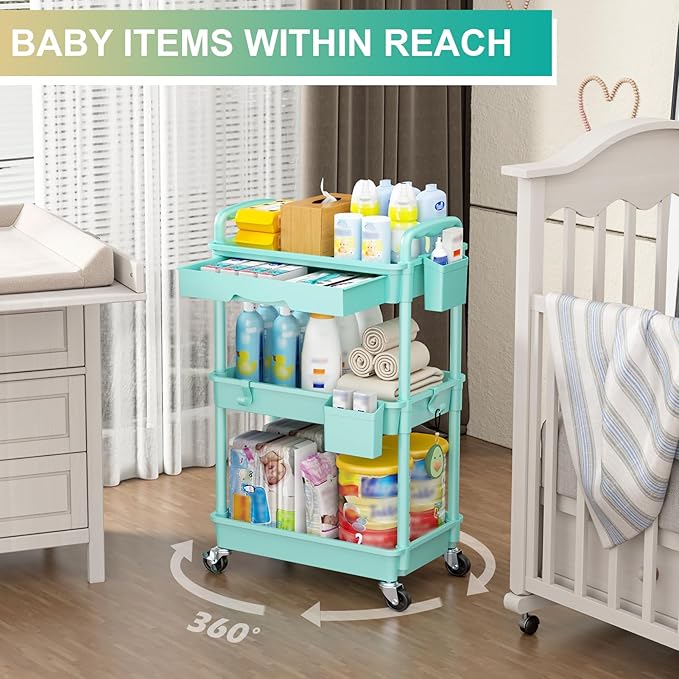 Goovilla 3 Tier Rolling Utility Cart Organizer with Removable Drawer, Blue | Stable and Sturdy Rolling Storage Carts with 2 Lockable Wheels for Bathroom, Kitchen, Snack, Craft, Makeup, Baby Essentials