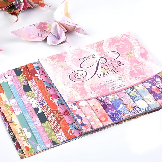 Origami Paper 50 Sheets, 6-Inch Square Double Sided Colored Craft Paper | 70GSM colorful paper,50 Vivid Pattern Origami Kit,DIY Hand Crafts,Arts Creativity,Easy to Fold,No-Fading.Japanese Sakuras