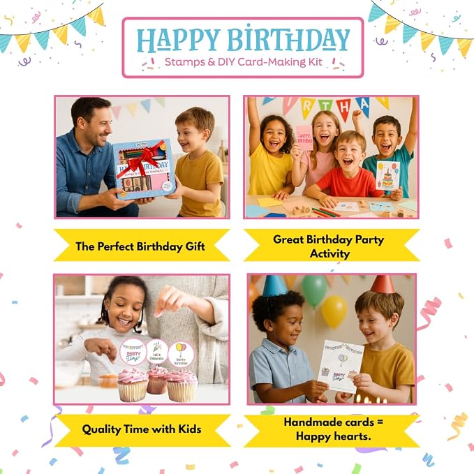 Birthday Card Making Kit -11 Reuseable Wooden Stamps & Ink Pad, 12 Blank Cards with Colorful envelopes, 1 Sheet of Birthday Stickers and 5 Color Pencils Ages 4+