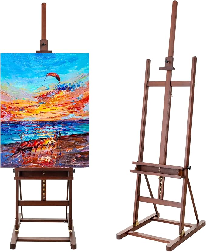 Beechwood H-Frame Artist Studio Easel with Wheels and Storage Tray, Brown