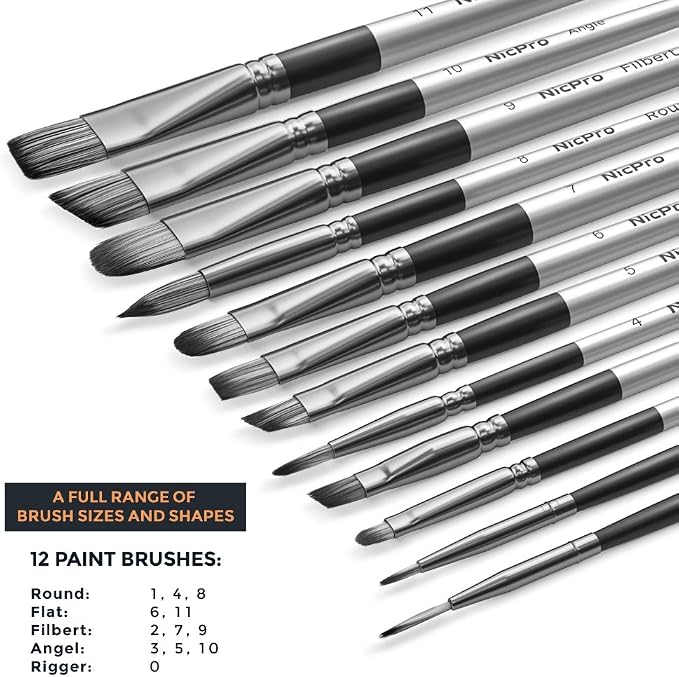 Nicpro 12pcs Artist Paint Brush Set, Paint Brushes for Acrylic Painting | Craft Paintbrushes for Oil Watercolor Gouache, Tempera, Face Body, Fabric Leather Model, Art Supplies for Artists Beginners