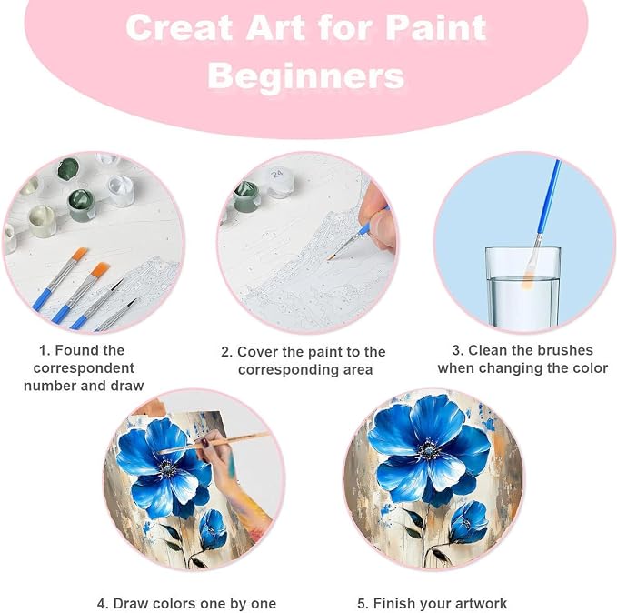 4 Pack Paint by Numbers Kit for Adults Beginners Framed - Flowers Adults Paint by Numbers Kits on Canvas with Paints and Brushes, Flowers Small Oil Paint by Number Kits for Home Decor 8 X 8 Inch