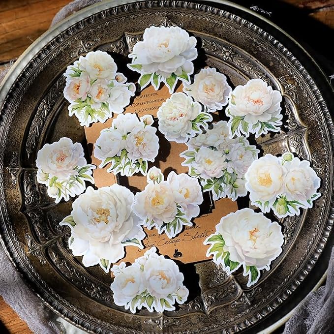 CATaireen Vintage Junk Journal Items Kit Pre Cut Paper Cards Cutout Cardstock Art Aesthetic Decor Hollow Out Craft Elements Small Embellishments Supplies for Adults Scrapbook Pack (Floral White)