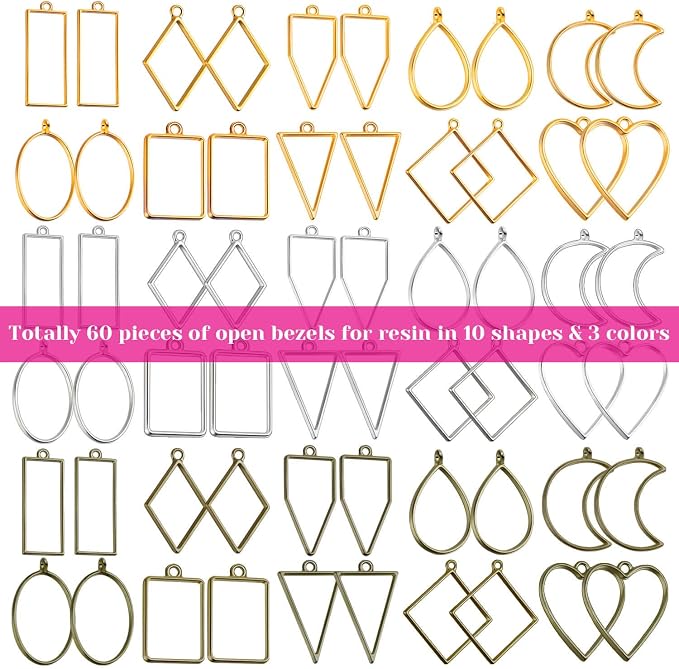 Shynek 60Pcs Hollow Frame Pendants - Resin Craft Bezels Jewelry Molds for Necklaces and Earrings Making Supplies
