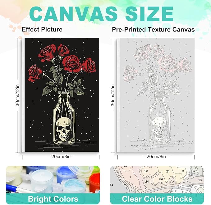 Framed Paint by Numbers Kit for Adults, Skull & Red Roses, 8 x 12 Inch | DIY Adult Paint by Number Kit for Beginners, Gothic Wall Decor, Stress Relief Craft Gift, Creative Hobby