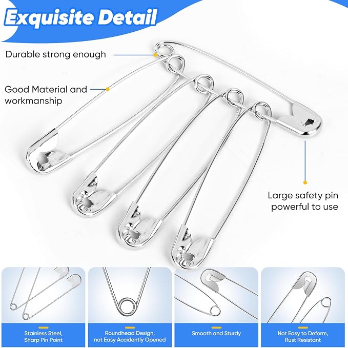 Huhuhero 200PCS Large Safety Pins, 2.2 Inches Heavy Duty for Clothes Sewing