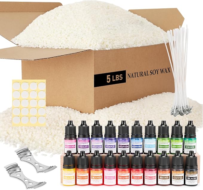 SAEUYVB 5 lbs Soy Candle Wax for Candle Making,Natural Soy Wax Pellets | Soy Wax for Candle Making with 20 Liquid Dye,20 Candle Wicks,20 Stickers and 2 Centering Devices,DIY Candle Making Supplies