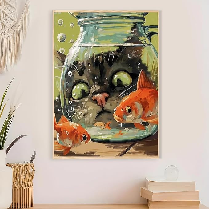 Fairyland JinWenn Curious Cat Fish Paint by Numbers Kit for Adults Framed Canvas Frameworkless