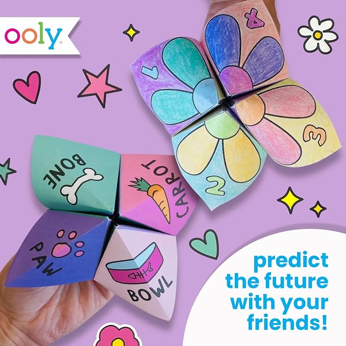 Ooly DIY Origami Fortune Teller Kit, Cootie Catcher, 24 Designs & Stickers | Ages 6+, Includes 12 Completed, 6 Blank, and 6 Coloring Folding Fortune Tellers, Fun Screen-Free Craft Activity Gift for Kids