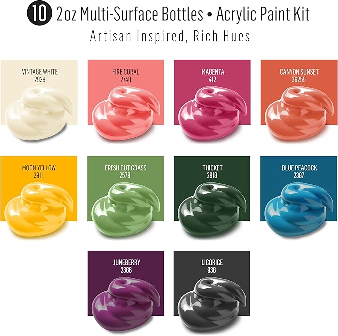 FolkArt, Artisan, Multi-Surface Acrylic Craft Paint Set, 10 Piece, Satin Finish Colors, Perfect for DIY Arts and Crafts Projects