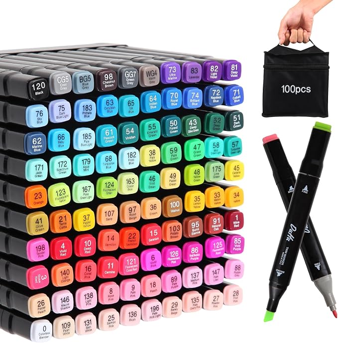 Art Marker Sets 100 Colors - Alcohol Based Markers Dual Tips Art Supply | Double Side Tips Marker with Blender for Drawing Sketching Coloring - Professional Permanent Markers for Kids Adult Artist