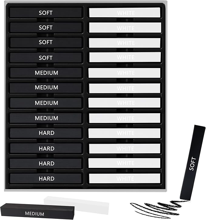 24 Pcs Compressed Charcoal Sticks with Soft, Medium, Hard and White Charcoal, Square Charcoal Stick Kit for Drawing, Sketching and Shading (12 Black and 12 White)