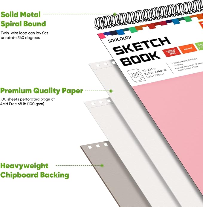 Soucolor 9x12 Sketch Book 2-Pack, 100 Sheets, Acid-Free, Spiral Bound | 68lb acid-free paper,micro-perforated pages,lay-flat spiral binding,ideal for kids, beginners & artists.Pink & purple 2-pack.