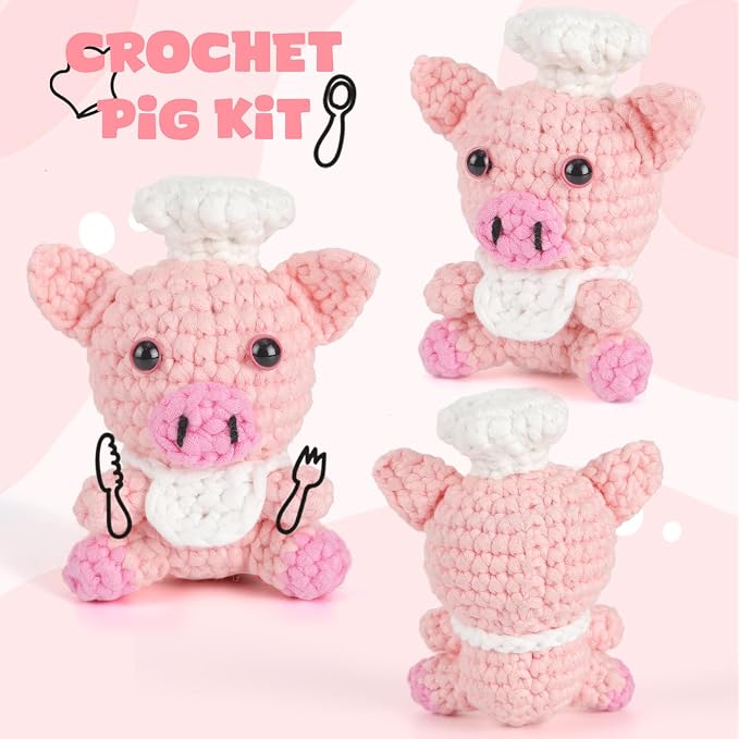 CrochetBox Crochet Kit for Beginner, Pig Easy Learn How to Crochet Stuffed Animals Gift for Adults and Teen(), Knitting Set with Yarn Hook Stitch-by-Stitch Video Tutorial(30%+ Yarn)