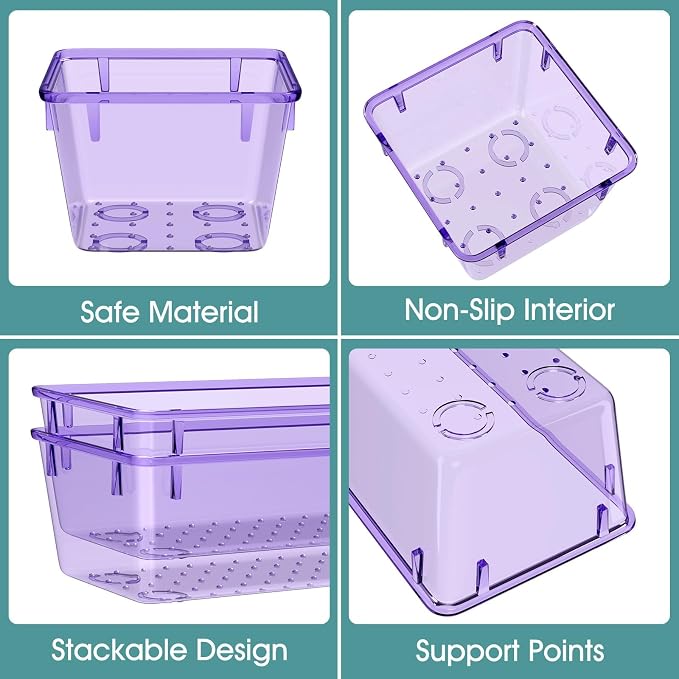 25 PCS Plastic Drawer Organizer Set, Makeup Organizers and Storage Bins | 4 Sizes Desk Drawer Divider Organizers and Storage Bins for Jewelry, Gadgets for Kitchen, Bedroom, Bathroom, Clear Purple
