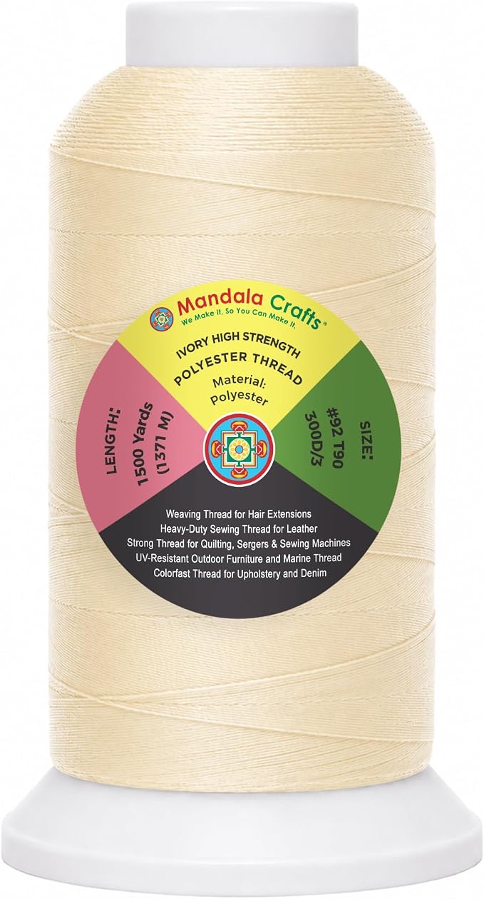 Mandala Crafts Ivory Tex 90 Polyester Heavy Duty Thread for Upholstery | 1500 Yds T90 UV Resistant Strong Thread for Leather Sewing, Marine, Drapery, Jeans, Hair Weaving & Extension, Outdoor