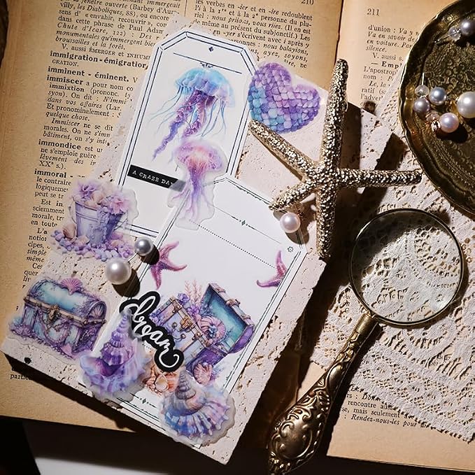 CATaireen Vintage Junk Journal Ephemera Scrapbooking Supplies Translucent Vellum Paper Stickers Card Making Decal Art Aesthetic for Adults (Character Mermaid)
