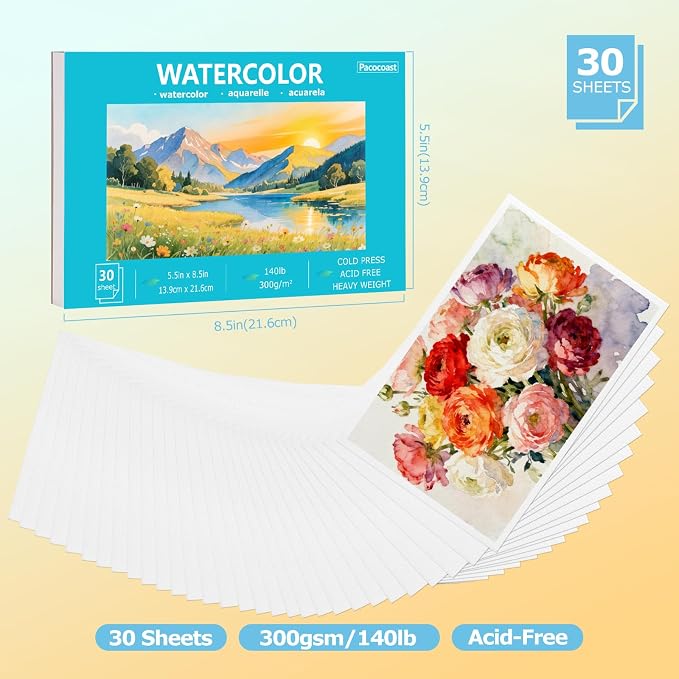 Pacocoast 5.5"x8.5" Bulk Watercolor Pad, Pack of 3 (90 Sheets) 140lb/300gsm