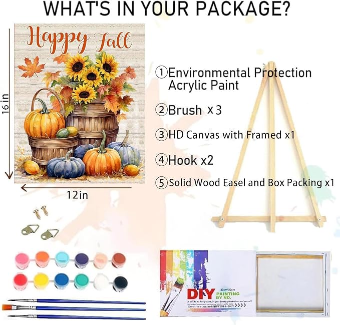 MIRCVSH Happy Fall Paint by Numbers for Adults with Framed Canvas-with Wooden Easel,Pumpkins Paint by Number on Canvas,DIY Painting Kits with Brushes Nice Gift Box for Home Wall Decor(12x16 Inch)