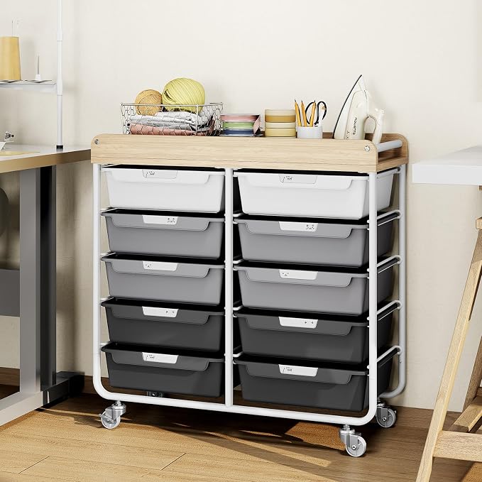 10 Drawer Rolling Storage Cart with Wood Top for Classroom Crafts Grey | Easy Setup, Large Capacity, Sturdy Build, Lockable Mobility, For office, classroom and home supplies