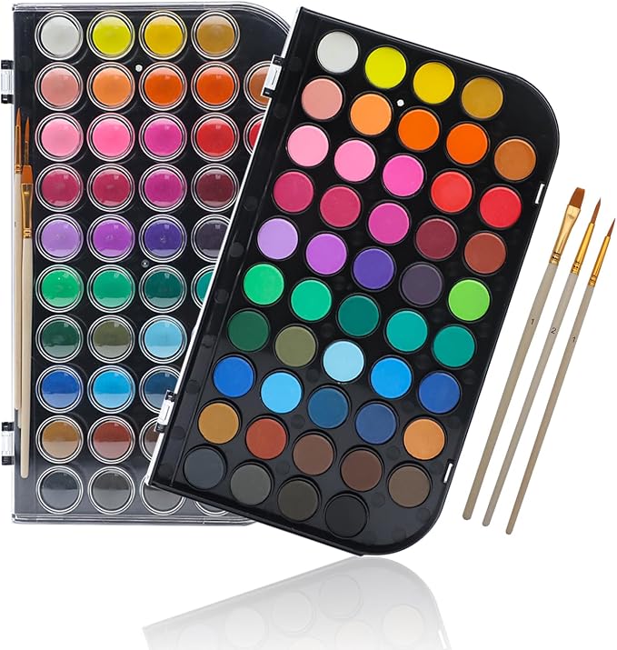 Artecho 48 Colors Watercolor Paint Set, 3 Brushes | Washable Pan Watercolor, Travel Portable Design, for Card Making, Illustrations, Painting