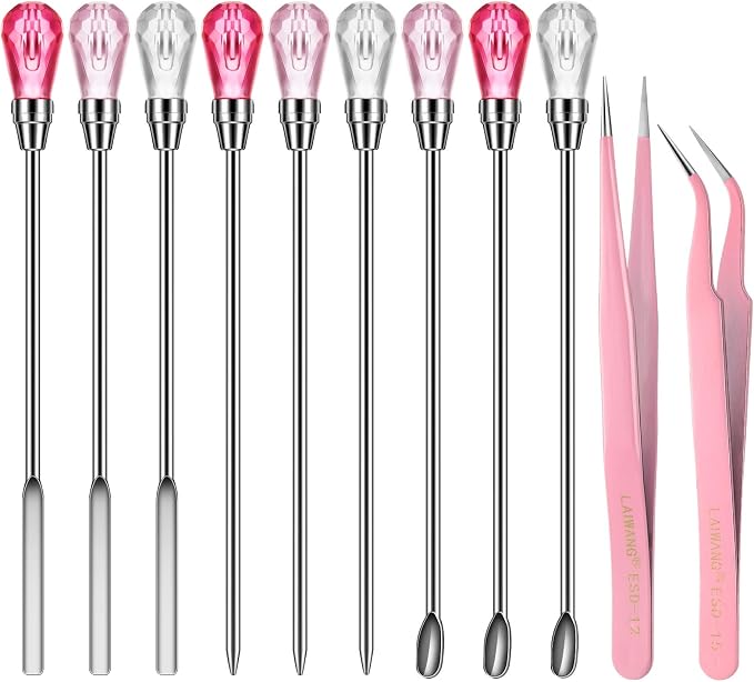 Maitys 11 Pieces Resin Spoon Tools Kit, 9 Pieces Stirring Poke Needle Scoop and 2 Pieces Tweezers for Glitter and Silicone Resin Mold Jewelry Making