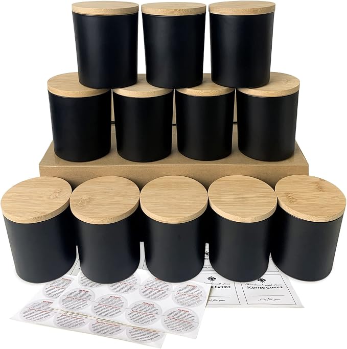 CONNOO 12 Pack 10 OZ Matte Black Glass Candle Jars | Airtight Bamboo Lids Nice Sticky Warning Labels for Candle Making Empty Container Bulk - Dishwasher Safe