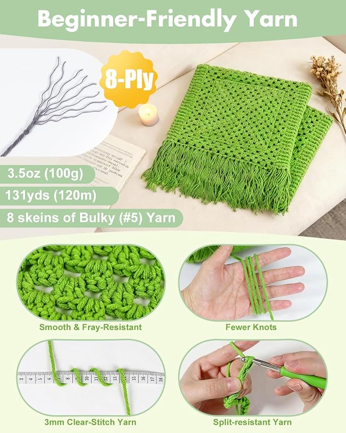 Arborthread Crochet Kit for Beginners, Easy All-Season Pocket Shawl & Scarf Crochet Kit for Adults w/Ample Premium Yarn to Fit Different Sizes, Step-by-Step Video & Instructions, Green