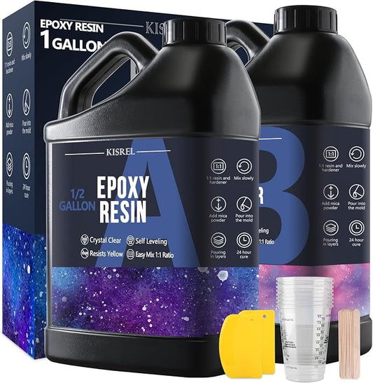 Epoxy Resin 1Gallon - Crystal Clear Epoxy Resin Kit - No Yellowing No Bubble Art Resin Casting Resin for Art Crafts, Jewelry Making, Wood & Molds(1/2 Gallon x 2) | Clear Epoxy Resin Kit ,Casting Resina for Jewelry Making, Wood & Molds(1/2 Gallon x 2)
