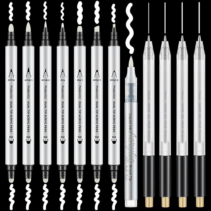 PANDAFLY 12 Pack White Pens Set, White Gel Pens, Dual-Tip Acrylic Paint Pen