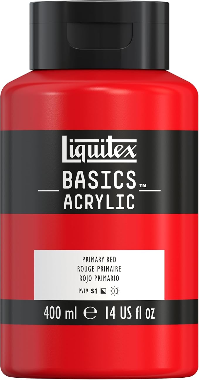 Liquitex BASICS Acrylic Paint, 13.5-oz Bottle, Primary Red | Medium Viscosity, Satin Finish, Lightfast, Fine Art Pigments, Range of Opacities, Easy Blending
