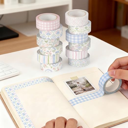 Gueevin 24 Rolls Floral Washi Tapes Set Scrapbook Supplies, Flower and Bows | 15 mm Watercolor Flower Washi Tapes, Back to School DIY Craft Arts, Junk Journaling Planner Gift Wrapping Supplies