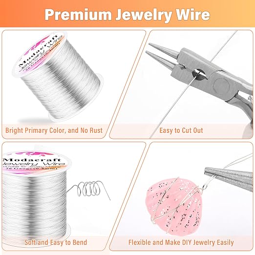 Modacraft 26 Gauge Wire for Jewelry Making with Multipurpose Piler, 328.1 FT/0.4 mm Craft Silver Jewelry Wire Tarnish Resistant Copper Beading Making Supplies and Crafting (Silver)