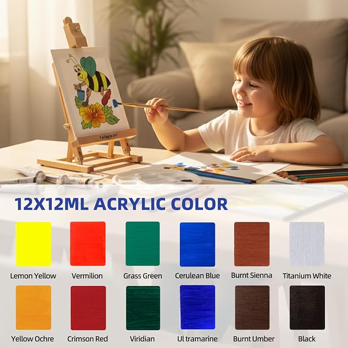 Falling in Art Painting Set for Kids with Table Easel | Acrylic Painting Starter Kit with Paints, Colored Pencils, Brushes, Canvas &Watercolor Pad for Christmas Gift, Blue