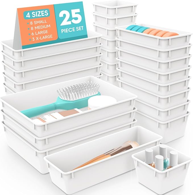 25 PCS Plastic Drawer Organizer Set, Makeup Organizers and Storage Bins | 4 Sizes Desk Drawer Divider Organizers and Storage Bins for Jewelry, Gadgets for Kitchen, Bedroom, Bathroom, Office, White