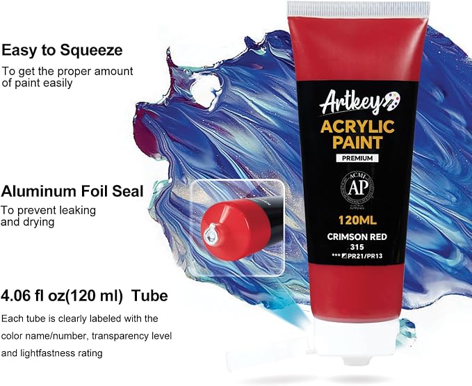 Artkey Acrylic Paint - Crimson Red (120 ml/4.06 oz) Tubes, Rich & Vibrant Pigments, Professional Artists Acrylic Paints - Art Supplies for Canvas Wood Rock Clay Fabric Ceramics Art Crafts Painting