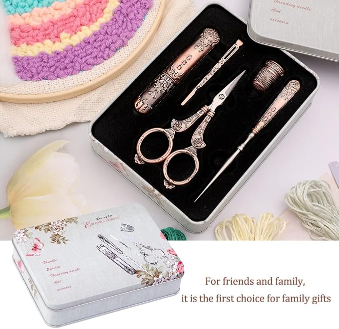 BUTUZE Embroidery Scissors Kit, European Antique Vintage Sewing Kit, Complete Vintage Sewing Tools with Embroidery Scissors,Original Case,Sewing Needle Case, Awl for Sewing, Craft, Needlework