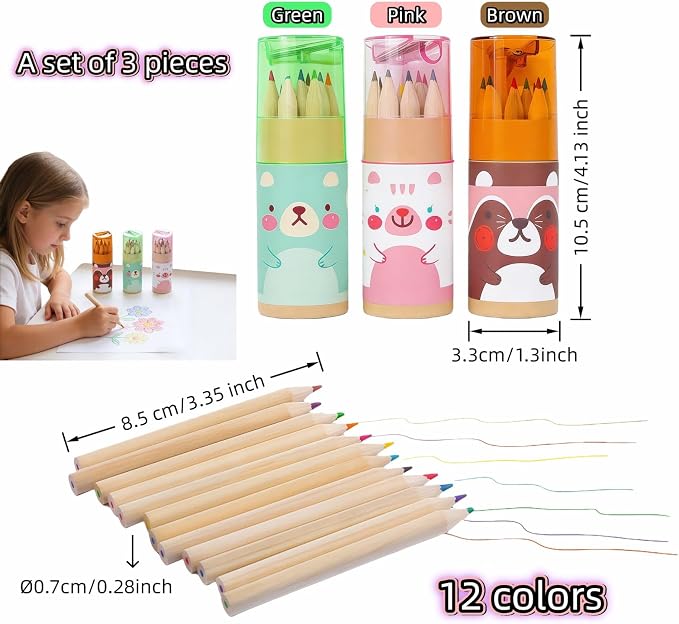 Mini Colored Pencils Set of 36 (3 Tubes x 12 Colors) - Portable Art Kit with Built-in Sharpener for Adults, Teens & Artists | Compact Design for School, Travel, Sketching & Drawing