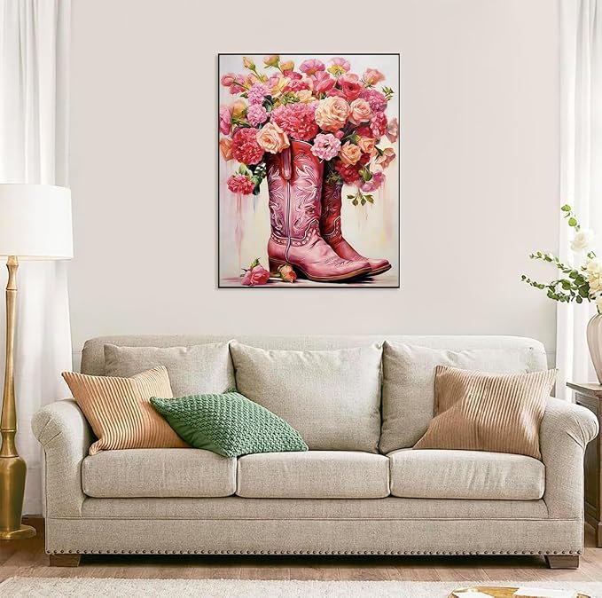 Accompany Wind Pink Boots Diamond Art Kits for Adults, 5D Boots Flower Diamond Painting Kits for Beginners,DIY Round Full Drill Diamonds Gem Art Crafts for Home Wall Decor Gifts 12x16 Inch