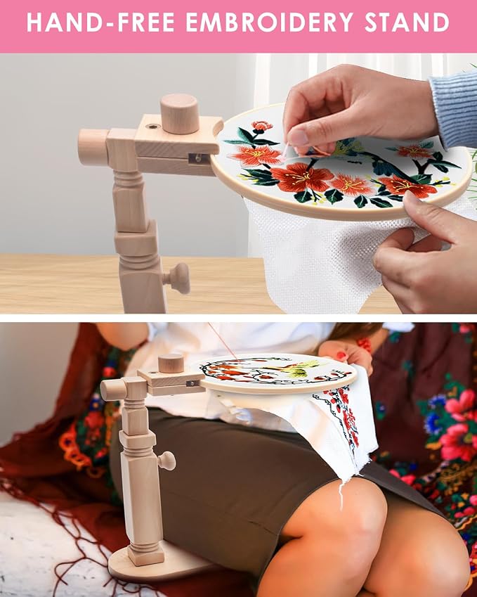 TINDTOP Beech Wood Embroidery Hoop Stand, with 3pcs Embroidery Hoops