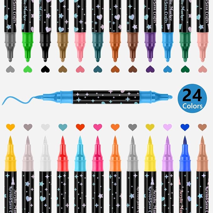 KEVIN&SASA CRAFTS 24 Colors Dual Tip Acrylic Paint Marker Pens Set