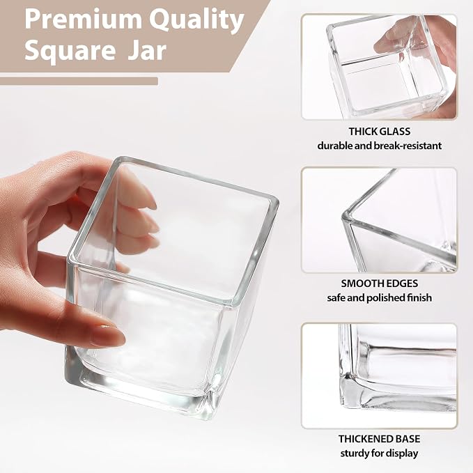 CONNOO 12 Pack 9oz Clear Glass Square Candle Jars with Bamboo Lids