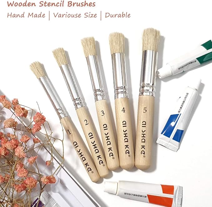 Auhoahsil Stencil Brushes Set, 5 Pcs Natural Bristle Wooden Handle Template Brushes for Wood Wall Model House Painting, Stencil Projects, Card Making, DIY, Crafts and Acrylic Oil Watercolor Painting