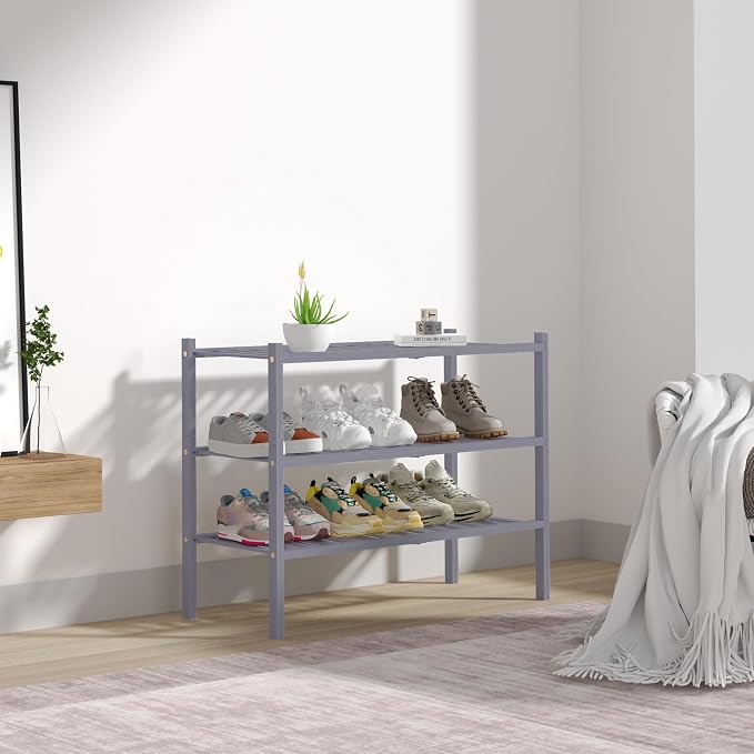 ROMGUAR CRAFT 3 Tier Bamboo Shoe Rack for Closet Free Standing Wood Shoe Shelf Storage Organizer for Entryway Small Space Stackable 27"x11"x20" (Grey)