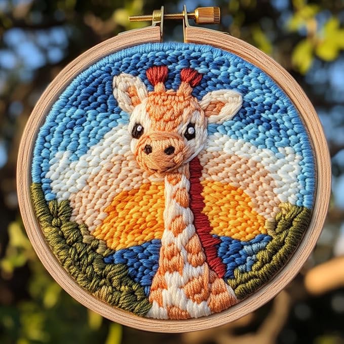 DIY Punch Needle Kits Cartoon Giraffe Sunset with Hoop 20x20cm-1 | with Pattern Stamped Easy for Beginners Embroidery Punch Needle Starter Craft Set for Adults Festival Gift and Decoration