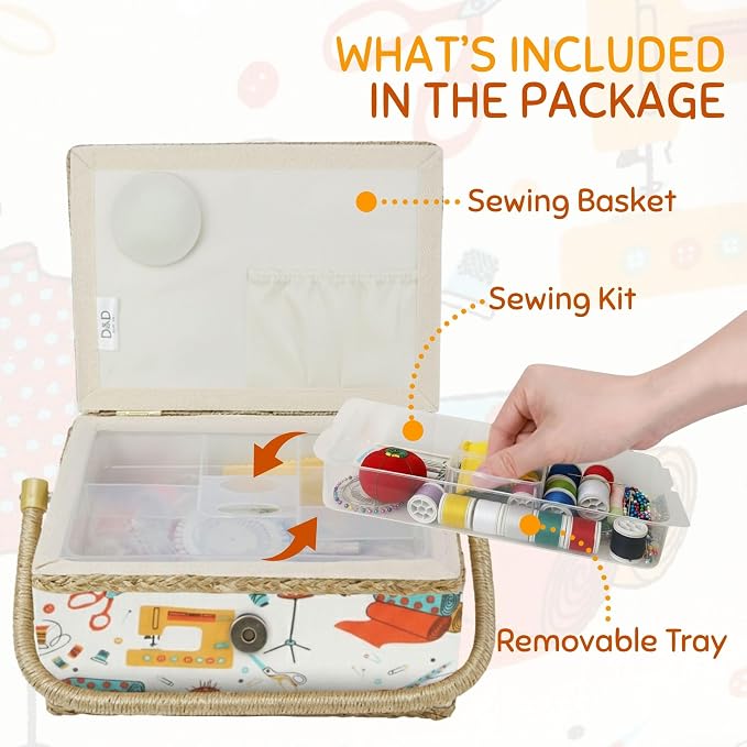 Sewing Basket Large Storage Organizer with Complete Sewing Kit Accessories, Wooden Sewing Box Kits with Removable Tray Tomato Pincushion for Mending, White