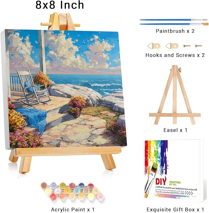 Framed Paint by Numbers Kit for Adults Beginner & Kids Ages 8-12 Beach Adult Paint by Number Kits on Canvas with Easel Landscape Painting by Numbers for Adults with Frame DIY Painting Kits 8x8 Inch