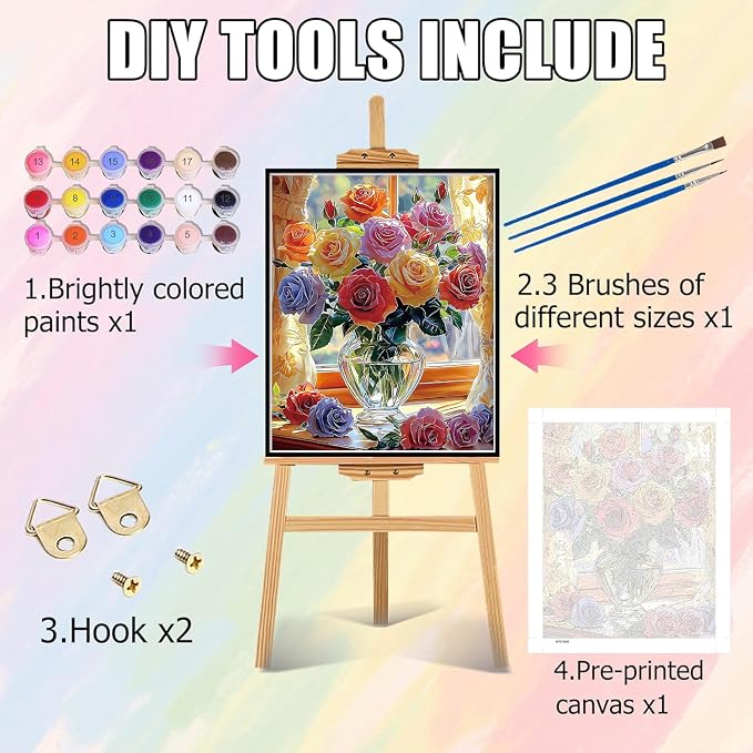 Paint by Numbers Kit for Adults, Colorful Rose Paint by Numbers Kits | Beautiful Flowers Adult Paint by Number Kits on Canvas Easy Paint by Numbers kits for Home Wall Decoration 16 X 20 inch
