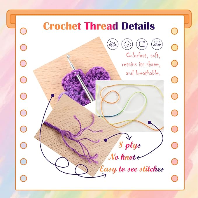 Crochet Thread Size 3, 3 Pack 100% Cotton Lace Yarn Set Rainbow